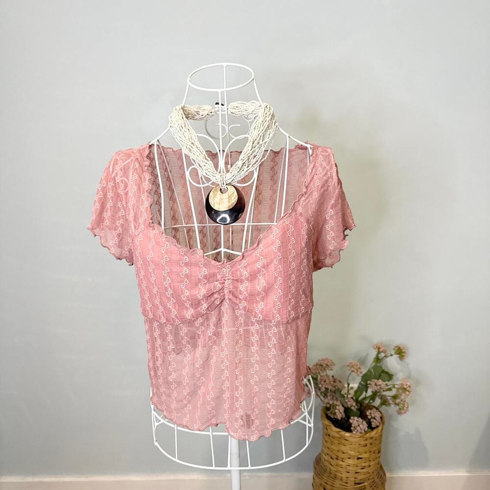 Kimchi Blue Sheer Lace Short-Sleeve Blouse in Dusty Rose